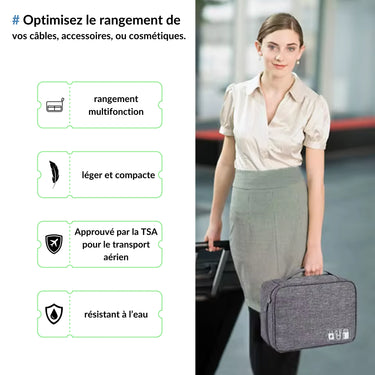 Pochette organisateur multifonction légÚre et compacte, approuvée par la TSA pour le transport aérien, résistante à l'eau, idéale pour ranger cùbles, accessoires, ou cosmétiques lors de vos voyages.